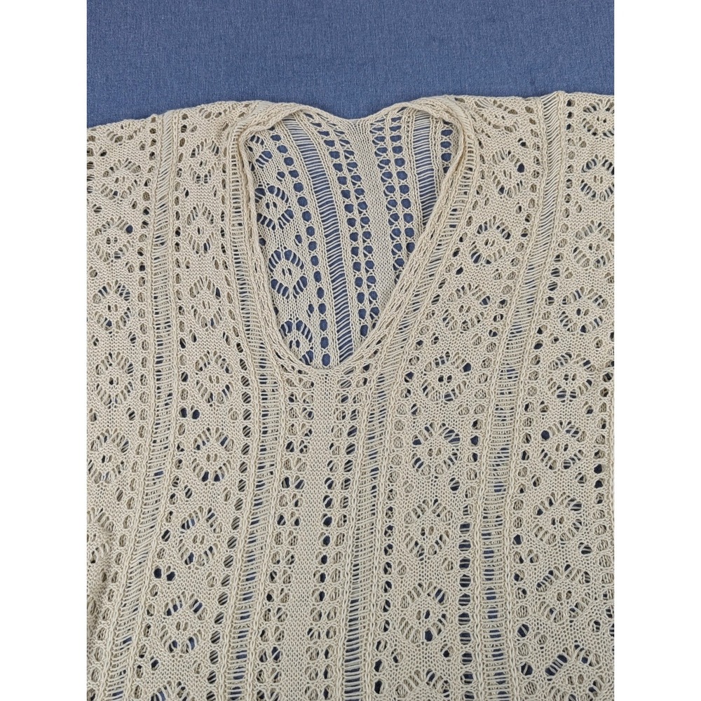 Cream Crochet Knit V-Neck Poncho Top with Side Tassel Ties One Size Boho - Picture 6 of 11